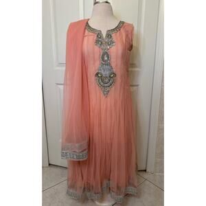 Women's S Pink Tulle Overlay Indian Salwar Kameez Lengha